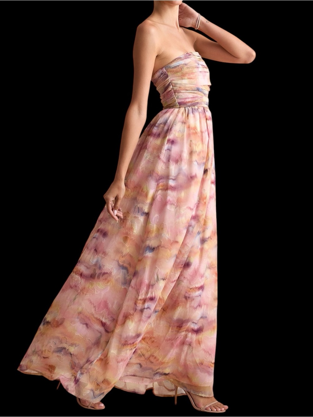 Lulus Mykala Light Pink Yellow Abstract Watercolor Pleated Strapless Maxi Dress